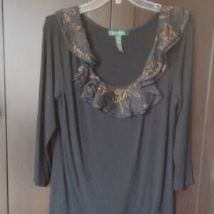 Lauren Black Top with Gold Ruffle Detail. 3/4 Sleeve. Size L.